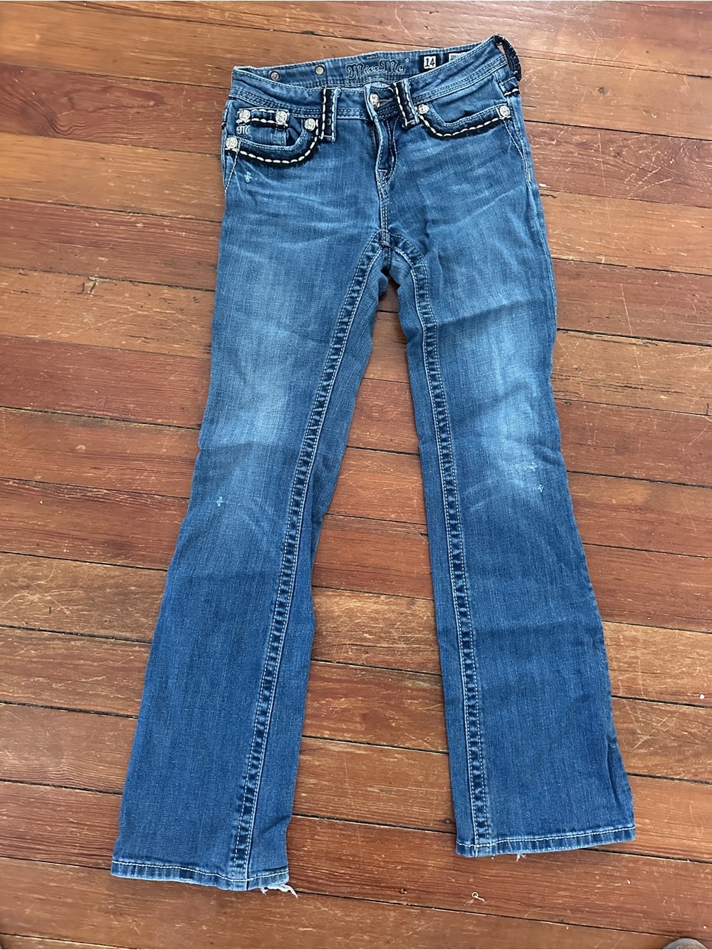 Miss Me Blue Flare Jeans with Studded Pocket Trim